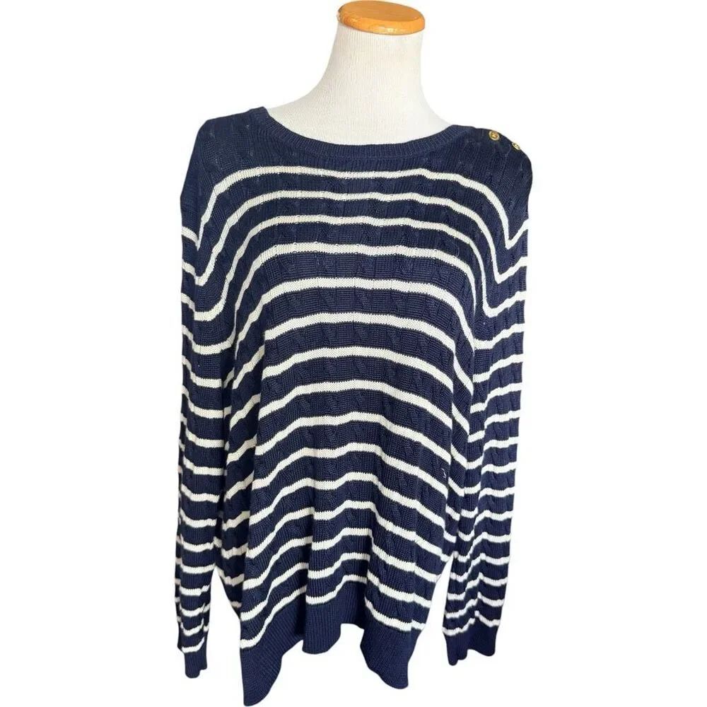 Womens Lauren Ralph Lauren Navy Blue Boatneck Gold Button Nautical Sweater  3X